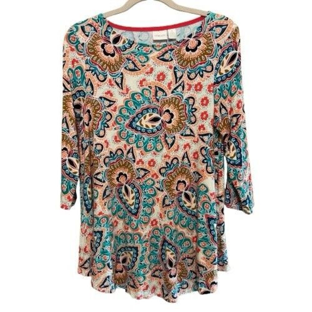 Chicos Jersey Knit Tunic Top Womens 1 Medium Multicolor Floral 3/4 Sleeve Boho